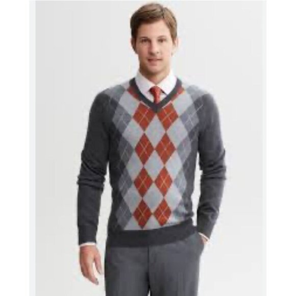Banana Republic Mens Merino Wool Arygle V Neck Pullover Sweater Dark Gray Sz XL - Picture 1 of 8